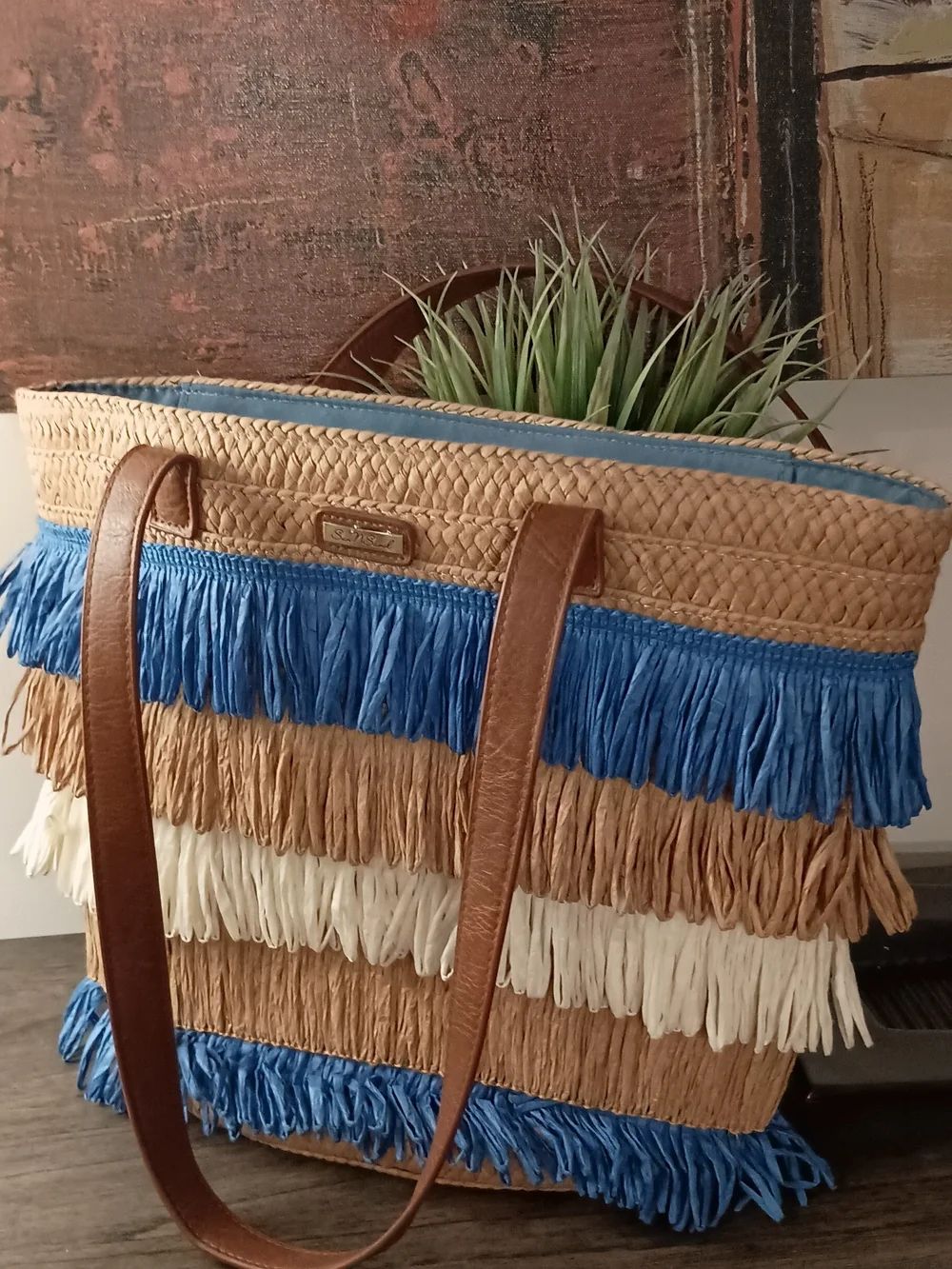 Layered Fringe Straw Tote in Blue, White & Tan